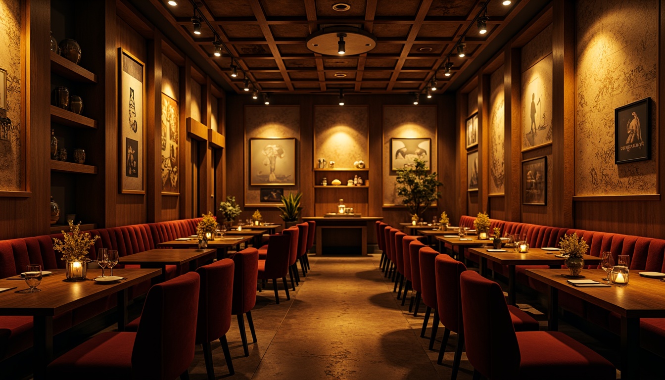 Prompt: Moody restaurant interior, warm golden lighting, soft shadows, dramatic spotlights, rich wood tones, luxurious velvet fabrics, ornate metal fixtures, eclectic art pieces, vintage decorative items, distressed textures, warm color palette, intimate ambiance, low-key illumination, cinematic atmosphere, 1/2 composition, shallow depth of field, realistic reflections, ambient occlusion.