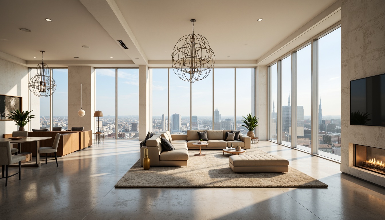 Prompt: Luxurious penthouse, modern minimalist decor, neutral color scheme, creamy whites, rich woods, metallic accents, floor-to-ceiling windows, breathtaking city views, sleek lines, sophisticated ambiance, warm beige tones, soft gray hues, bold accent walls, lavish furnishings, opulent chandeliers, panoramic skyline, dramatic lighting, shallow depth of field, 1/1 composition, realistic textures, ambient occlusion.