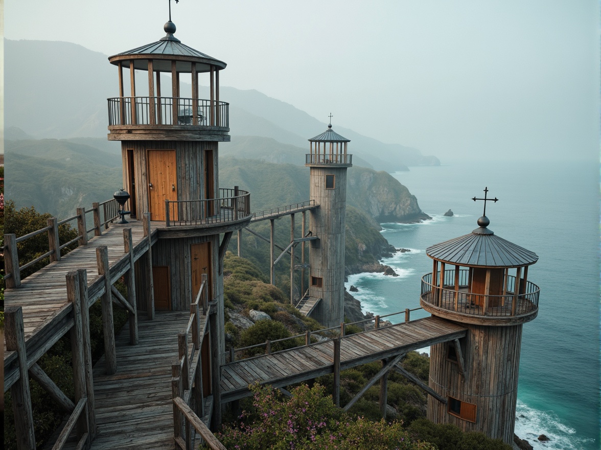 Prompt: Weathered wooden towers, rustic coastal look, driftwood accents, nautical rope details, ocean-inspired color palette, sea-salt weathering effects, durable metal railings, glass-enclosed observation decks, panoramic ocean views, misty morning atmosphere, soft warm lighting, shallow depth of field, 3/4 composition, realistic textures, ambient occlusion.