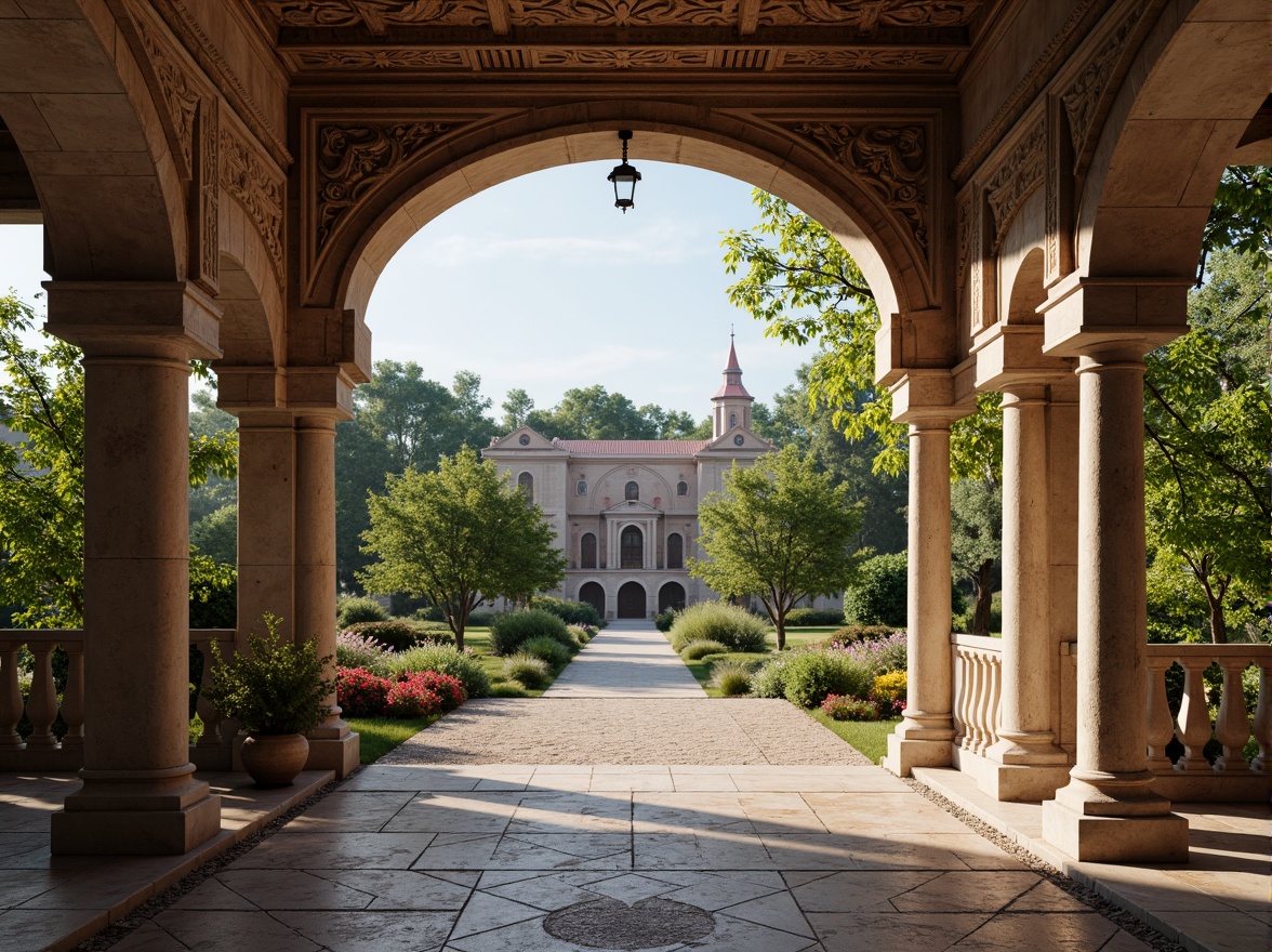 Prompt: Rustic stone archways, ornate carvings, grandiose bridges, serene water reflections, lush greenery, vibrant flowers, majestic pillars, classical balustrades, intricate stonework, weathered brick surfaces, ornamental lanterns, soft warm lighting, shallow depth of field, 3/4 composition, panoramic view, realistic textures, ambient occlusion.