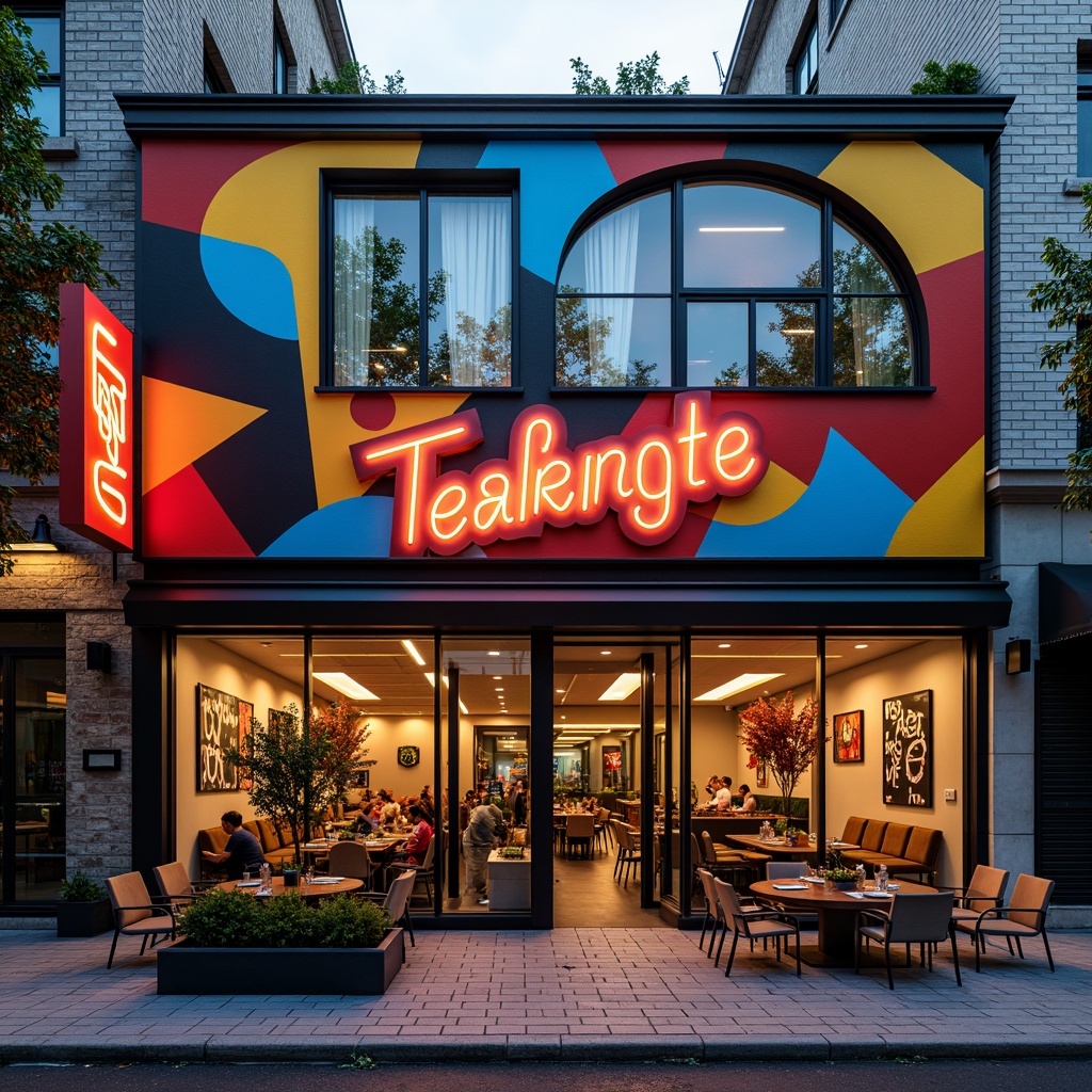 Prompt: Vibrant restaurant facade, expressionist architecture, bold geometric shapes, bright primary colors, abstract patterns, irregular forms, dynamic lighting effects, neon signs, metallic accents, industrial materials, exposed ductwork, urban cityscape, bustling streets, evening atmosphere, warm golden lighting, shallow depth of field, 1/1 composition, dramatic shadows, high-contrast textures.