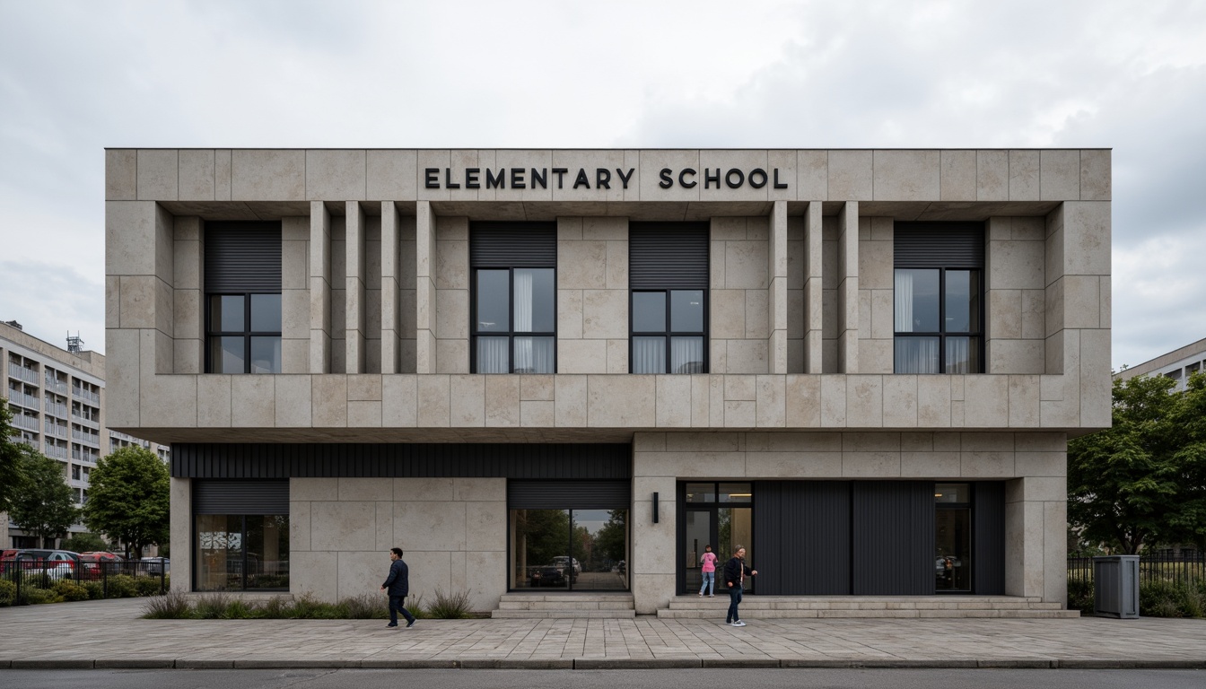 Prompt: Rugged elementary school facade, brutalist architecture, raw concrete walls, fortress-like structure, geometric shapes, bold lines, minimalist design, industrial materials, metal beams, exposed ductwork, functional simplicity, urban surroundings, cityscape views, overcast skies, dramatic shadows, high-contrast lighting, 1/1 composition, symmetrical framing, realistic textures, ambient occlusion.