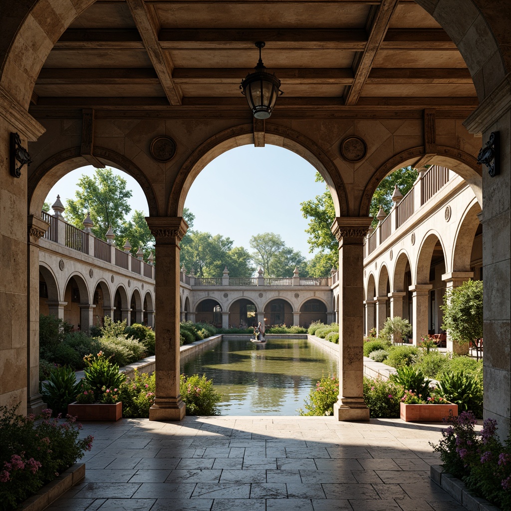 Prompt: Rustic stone archways, ornate carvings, grandiose bridges, serene water reflections, lush greenery, vibrant flowers, majestic pillars, classical balustrades, intricate stonework, weathered brick surfaces, ornamental lanterns, soft warm lighting, shallow depth of field, 3/4 composition, panoramic view, realistic textures, ambient occlusion.