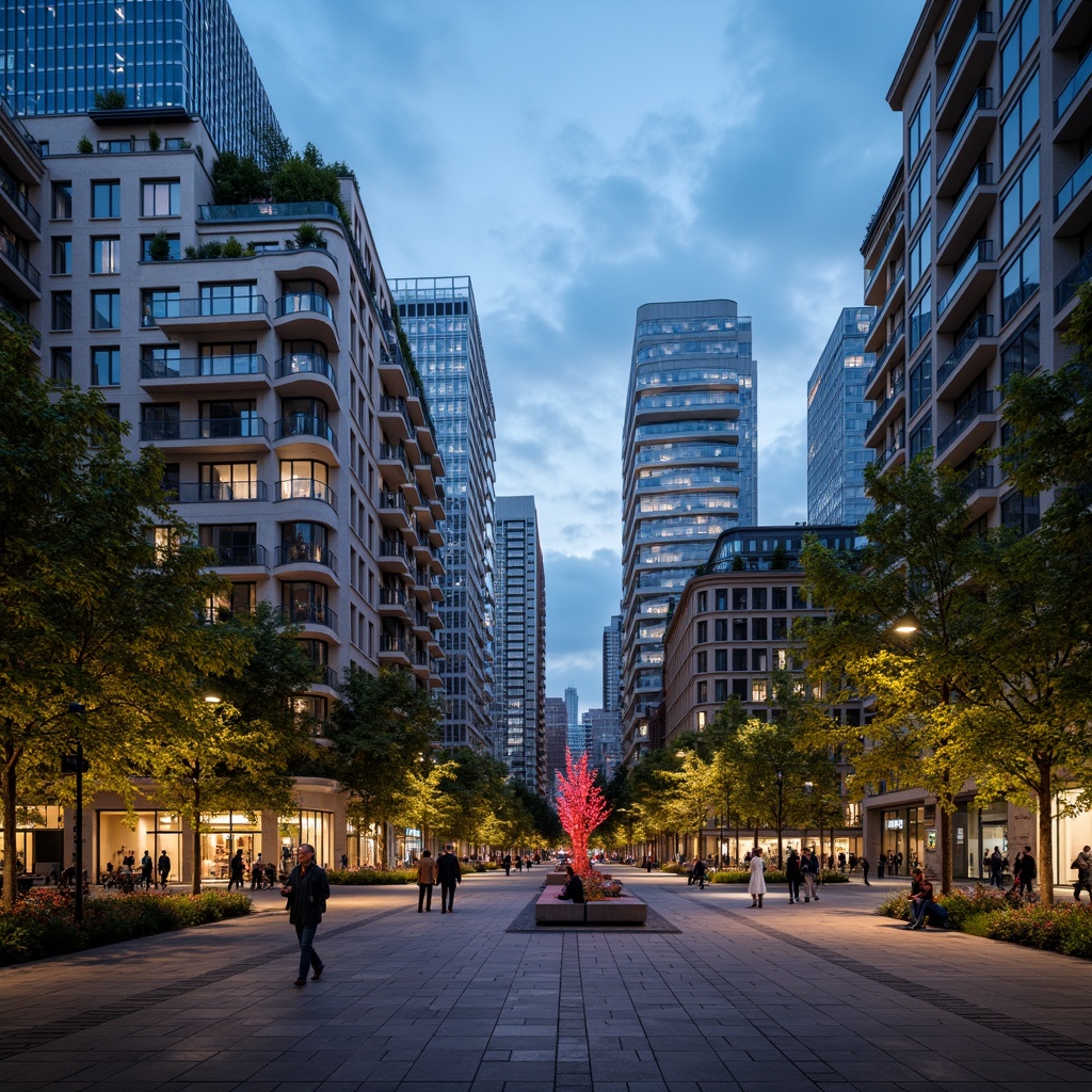 Prompt: Vibrant cityscape, bustling streets, modern skyscrapers, pedestrian walkways, urban parks, green roofs, LED streetlights, warm ambient glow, soft shadows, dynamic lighting effects, futuristic lamp posts, sleek metal benches, public art installations, nighttime scenery, shallow depth of field, 1/2 composition, realistic textures, ambient occlusion.