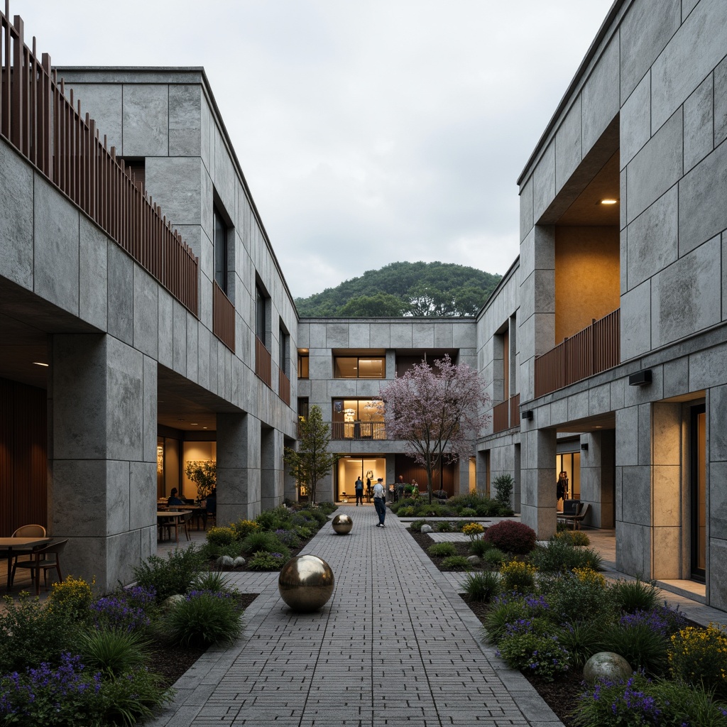 Prompt: Rugged university campus, brutalist architecture, raw concrete facades, fortress-like buildings, geometric shapes, industrial materials, metallic accents, bold color schemes, abstract sculptures, urban landscape, overcast sky, dramatic shadows, high-contrast lighting, 1/1 composition, symmetrical framing, realistic textures, ambient occlusion.