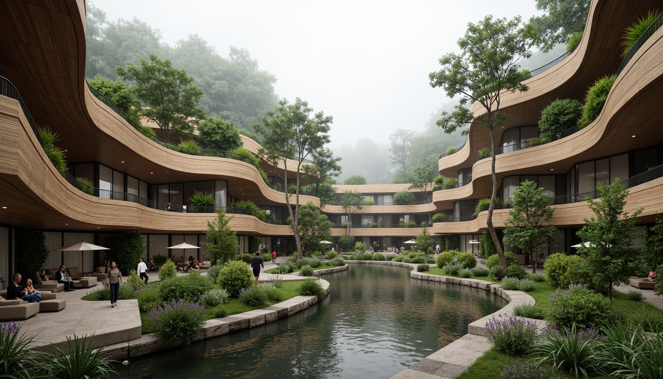 Prompt: Seamless blend of architecture and nature, organic curves, rustic wooden accents, living walls, green roofs, cantilevered structures, natural stone foundations, earthy color palette, lush vegetation, serene water features, misty atmosphere, soft diffused lighting, shallow depth of field, 1/1 composition, realistic textures, ambient occlusion.