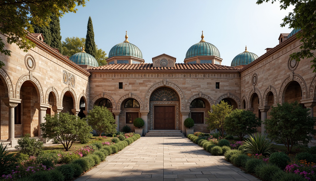 Prompt: Intricate stone carvings, ornate domes, grand archways, vibrant mosaics, golden accents, rustic terracotta tiles, curved rooflines, ornamental finials, weathered copper cladding, aged brick facades, Byzantine-inspired ornaments, lush greenery, serene courtyard, warm afternoon light, soft shadows, 1/1 composition, realistic textures, ambient occlusion.