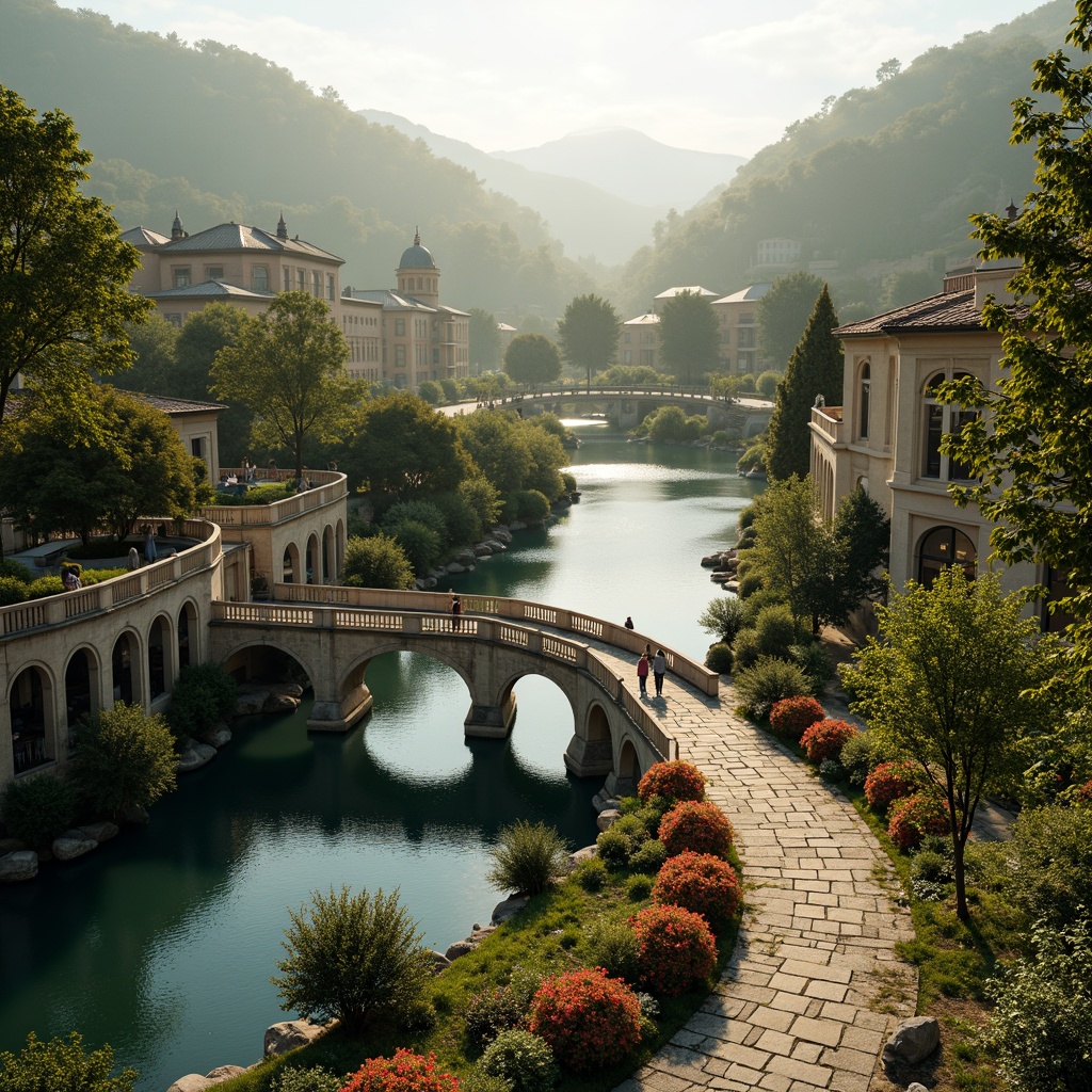 Prompt: Rolling hills, serene lakeside, lush greenery, majestic Baroque-style bridges, ornate stone carvings, grand arches, sweeping curves, rustic wooden railings, meandering waterways, tranquil atmosphere, warm golden lighting, soft misty effects, 1/1 composition, symmetrical framing, realistic textures, ambient occlusion, vibrant floral arrangements, natural stone pathways, moss-covered banks, gentle water ripples, peaceful ambiance.