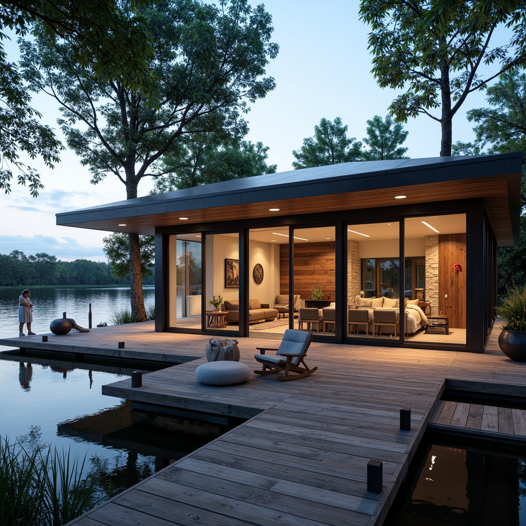 Prompt: Waterfront boathouse, rustic wooden dock, serene lake views, modern fenestration design, floor-to-ceiling windows, sliding glass doors, minimalist metal frames, reflective water-inspired fa\u00e7ade, natural stone walls, reclaimed wood accents, nautical-themed decor, cozy interior spaces, warm ambient lighting, shallow depth of field, 1/1 composition, realistic textures, soft focus effect.