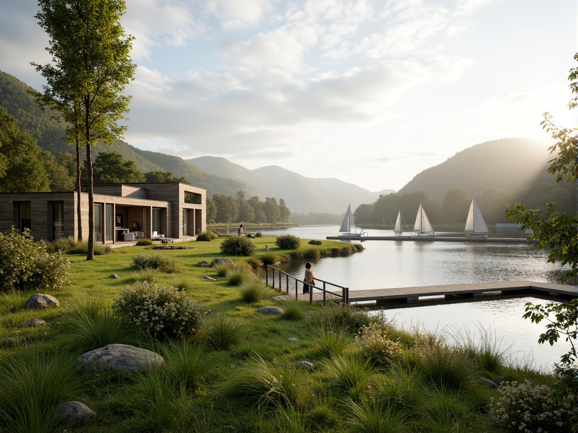 Prompt: Rolling hills, lush green meadows, serene lakeside, wooden docks, sailboats, misty morning, warm sunlight, soft focus, shallow depth of field, 3/4 composition, panoramic view, realistic textures, ambient occlusion, modern eco-friendly architecture, sustainable design, natural stone walls, reclaimed wood accents, floor-to-ceiling windows, sliding glass doors, minimalist interior, organic shapes, earthy color palette, seamless integration with nature.