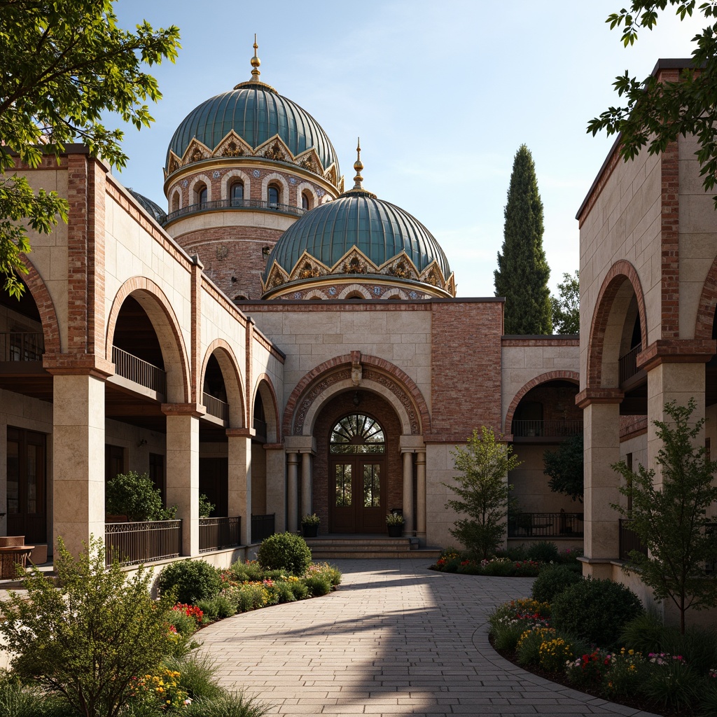 Prompt: Intricate stone carvings, ornate domes, grand archways, vibrant mosaics, golden accents, rustic terracotta tiles, curved rooflines, ornamental finials, weathered copper cladding, aged brick facades, Byzantine-inspired ornaments, lush greenery, serene courtyard, warm afternoon light, soft shadows, 1/1 composition, realistic textures, ambient occlusion.