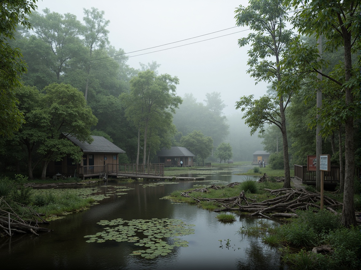 Prompt: Misty wetlands, lush vegetation, twisted mangrove roots, murky waters, wooden boardwalks, observation decks, native aquatic plants, water lilies, cattails, birdwatching stations, nature trails, rustic signage, weathered wood textures, soft diffused lighting, shallow depth of field, 1/1 composition, serene atmosphere, realistic water effects, ambient occlusion.