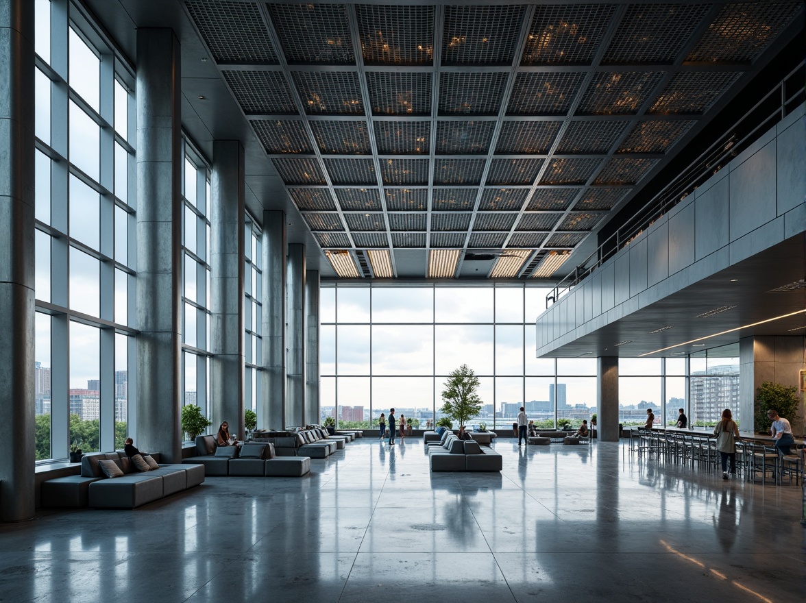 Prompt: Aerodynamic airport terminal, metallic latticework fa\u00e7ade, polished steel columns, exposed ductwork, industrial concrete floors, minimalist seating areas, futuristic LED lighting, dynamic angular lines, brutalist architecture, urban cityscape views, cloudy skies, soft diffused natural light, shallow depth of field, 1/1 composition, realistic reflective surfaces, ambient occlusion.