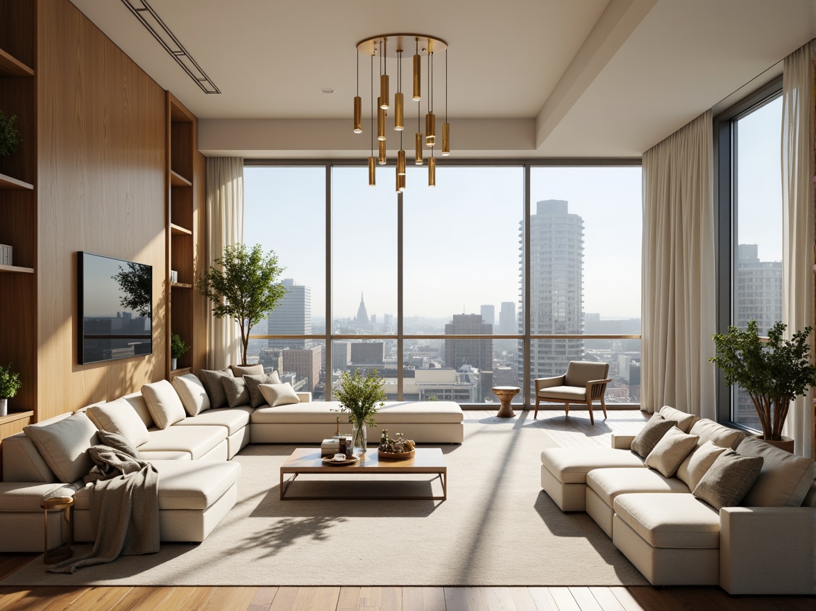 Prompt: Luxurious penthouse, modern minimalist decor, neutral color scheme, creamy whites, rich woods, metallic accents, floor-to-ceiling windows, breathtaking city views, sleek lines, sophisticated ambiance, warm beige tones, soft gray hues, bold accent walls, lavish furnishings, opulent chandeliers, panoramic skyline, dramatic lighting, shallow depth of field, 1/1 composition, realistic textures, ambient occlusion.