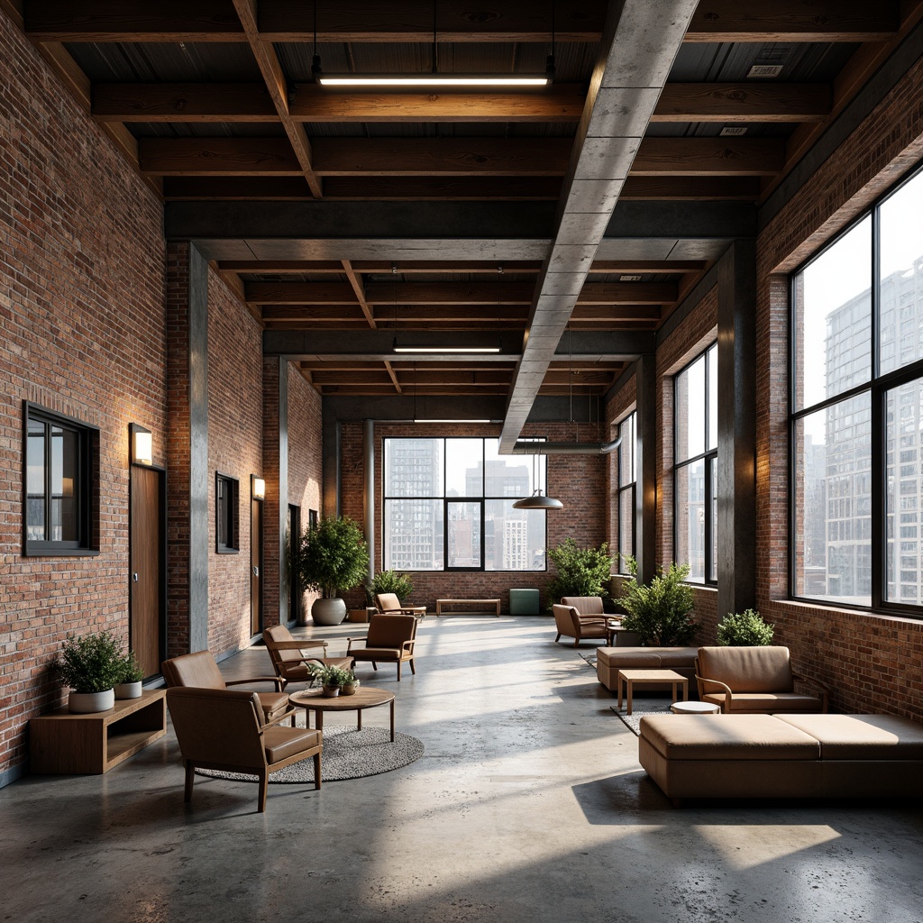 Prompt: Exposed brick walls, metal beams, reclaimed wood accents, industrial-style lighting fixtures, concrete floors, urban cityscape views, converted warehouse spaces, modern minimalist decor, functional pipes and ductwork, distressed textures, neutral color palette, high ceilings, open floor plans, eclectic vintage furniture, Edison bulb pendants, steel windows, brutalist architecture, dramatic shadows, low-key ambient lighting, 1/1 composition, realistic renderings.