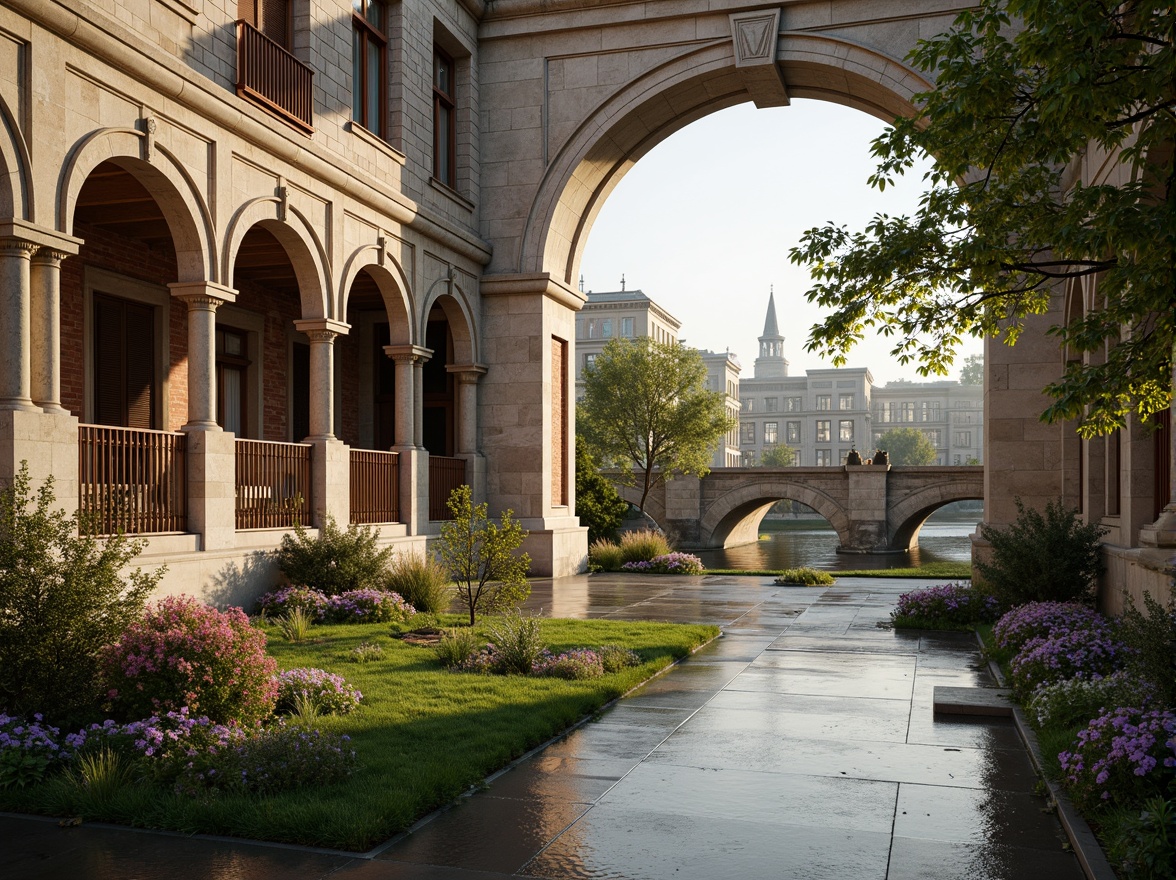 Prompt: Elegant archways, ornate stone carvings, rustic brick facades, grandiose bridge structures, serene water reflections, lush greenery, vibrant flowers, majestic river views, sunny day, soft warm lighting, shallow depth of field, 3/4 composition, panoramic view, realistic textures, ambient occlusion, Renaissance-inspired ornateness, classical columns, symmetrical architecture, decorative balustrades, intricate stonework, weathered copper details, ornate metal railings.