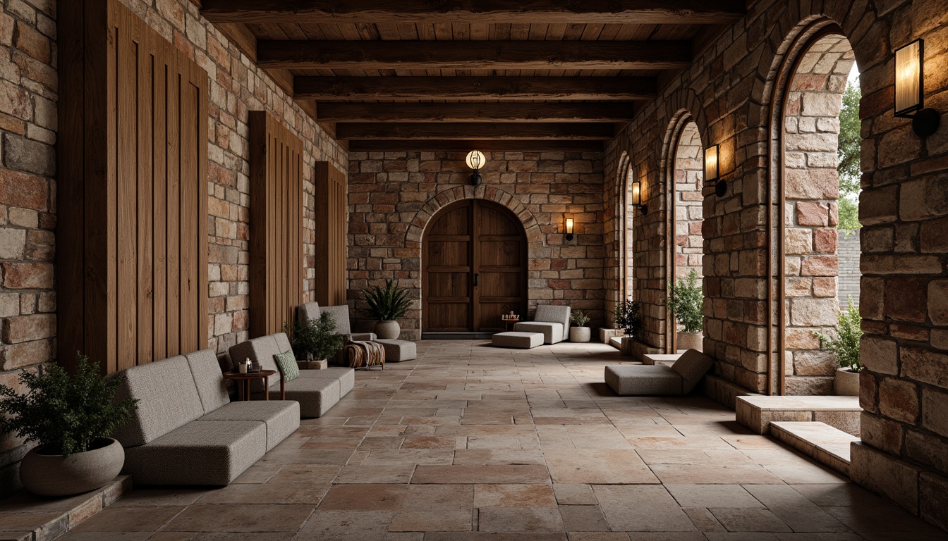 Prompt: Rustic stone walls, weathered wooden planks, rough-hewn granite columns, ornate metalwork, intricate tile patterns, tactile brick facades, natural rock formations, earthy tones, organic shapes, dramatic shadows, warm ambient lighting, high-contrast textures, realistic materiality, 1/1 composition, shallow depth of field, atmospheric perspective.