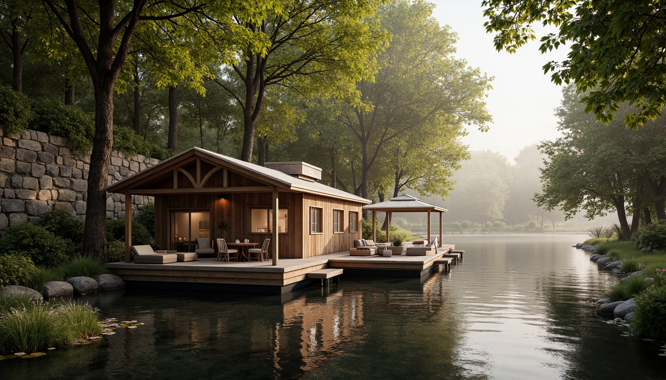 Prompt: Rustic boathouse, wooden dock, serene lakefront, lush greenery, overhanging trees, natural stone walls, weathered wood accents, nautical ropes, lantern-style lighting, warm golden tones, soft misty atmosphere, shallow depth of field, 1/1 composition, symmetrical framing, realistic water reflections, ambient occlusion.