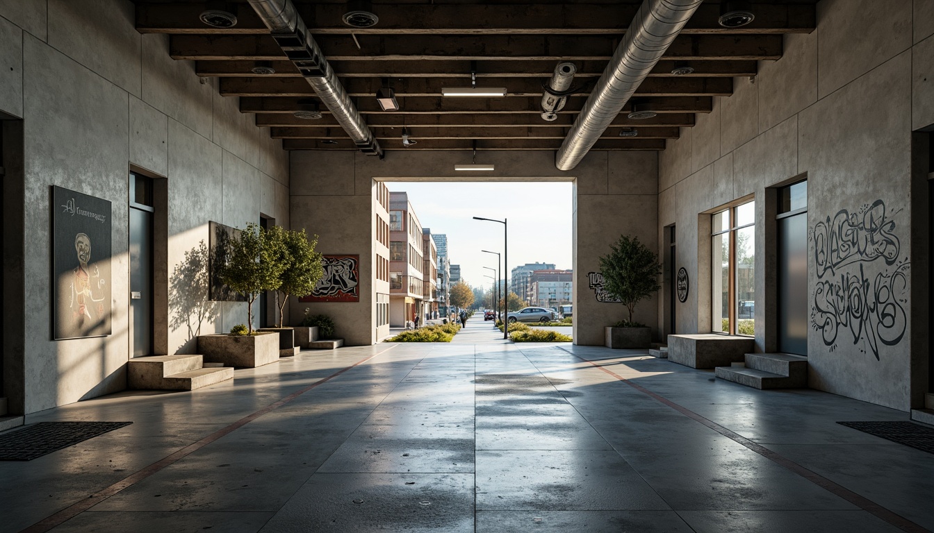 Prompt: Rugged concrete buildings, brutalist architecture, urban integration, industrial-style school design, exposed ductwork, raw metal beams, minimalist interior, functional layout, natural light pouring in, urban landscape views, cityscape backdrop, busy streets, modern streetlights, graffiti-covered walls, distressed textures, high-contrast lighting, dramatic shadows, 1/1 composition, symmetrical framing, gritty realistic render.