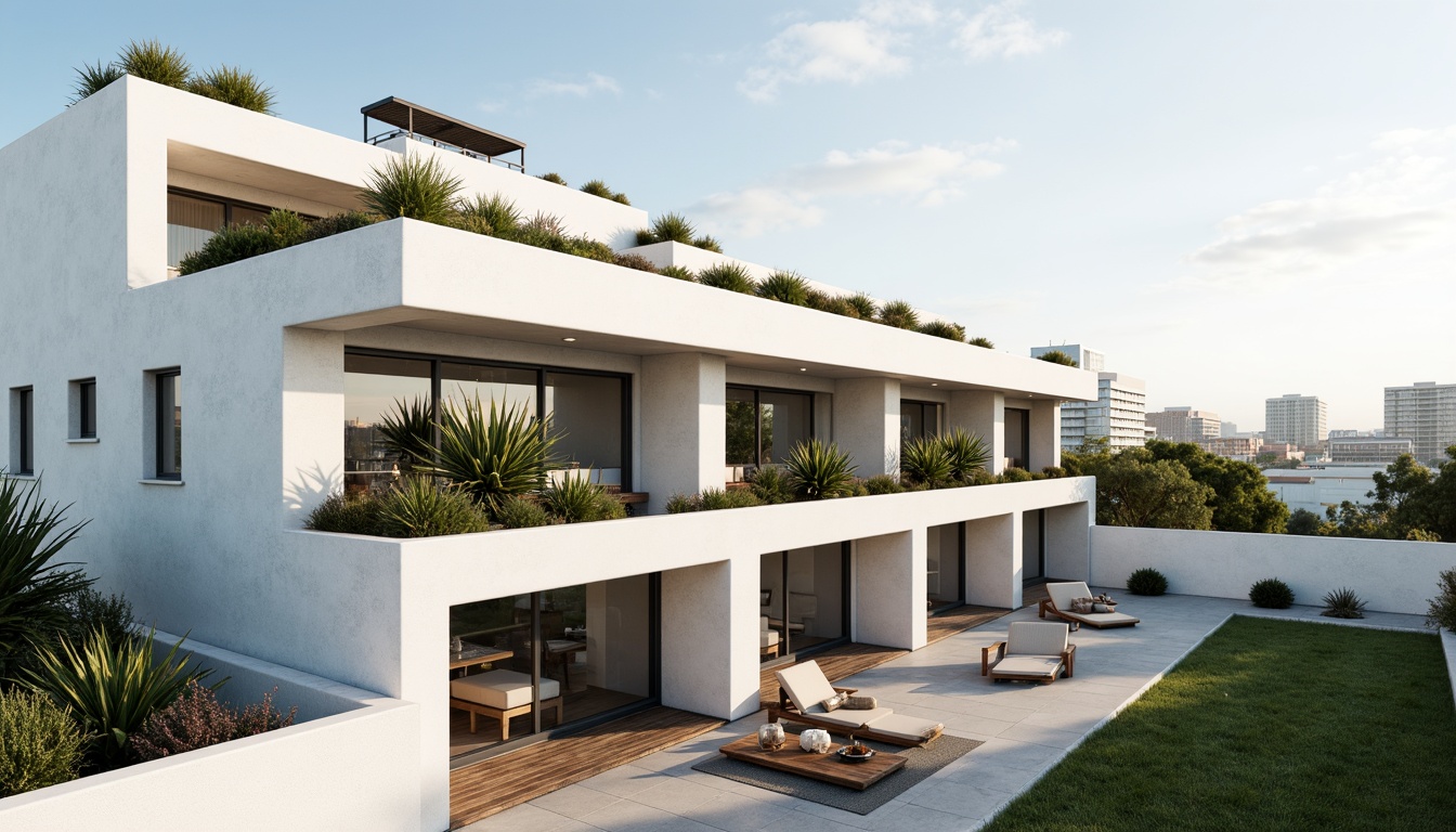 Prompt: Clean lines, minimalist aesthetic, white stucco exterior, large windows, sliding glass doors, cantilevered roofs, green roofs, solar panels, vertical gardens, modern residential architecture, simple color palette, natural materials, wooden accents, industrial chic, urban surroundings, cityscape views, morning sunlight, soft shadows, shallow depth of field, 1/1 composition, realistic textures, ambient occlusion.