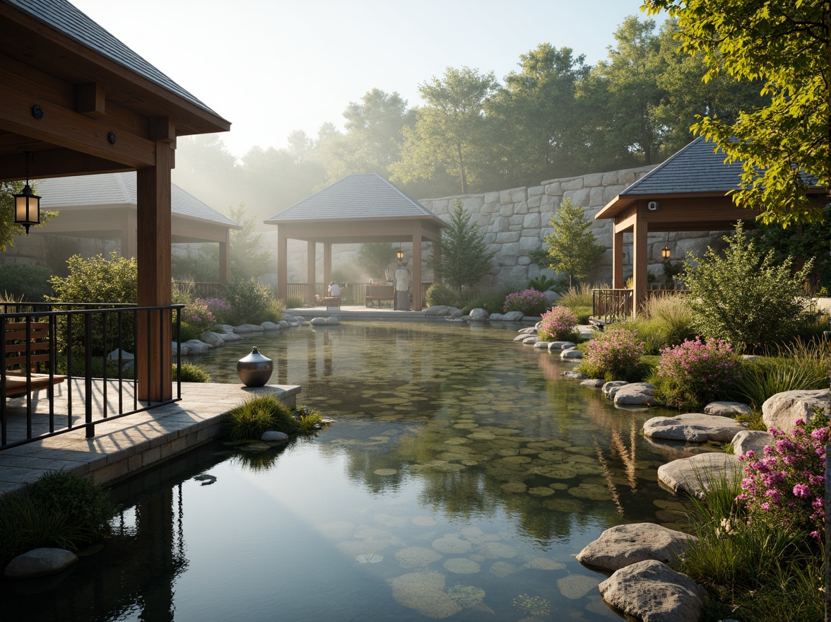 Prompt: Soft misty lake, serene water reflections, lush greenery, vibrant flowers, rustic wooden docks, weathered stone walls, charming gazebos, ornate metal railings, whimsical lanterns, warm golden lighting, shallow depth of field, 3/4 composition, panoramic view, realistic textures, ambient occlusion, earthy tone color palette, moss-covered stones, driftwood accents, soft blue-grey hues, creamy whites, warm beige tones, natural stone pathways, meandering boardwalks, tranquil atmosphere.