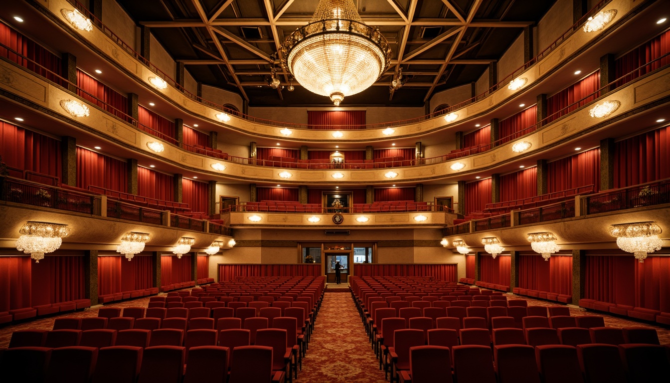 Prompt: Grand auditorium, ornate chandeliers, plush red seats, curved balconies, acoustic panels, soundproofing materials, reinforced concrete structures, steel beams, robust foundations, earthquake-resistant design, natural ventilation systems, energy-efficient lighting, dramatic spotlights, 3-point perspective composition, warm golden lighting, shallow depth of field, realistic textures, ambient occlusion.