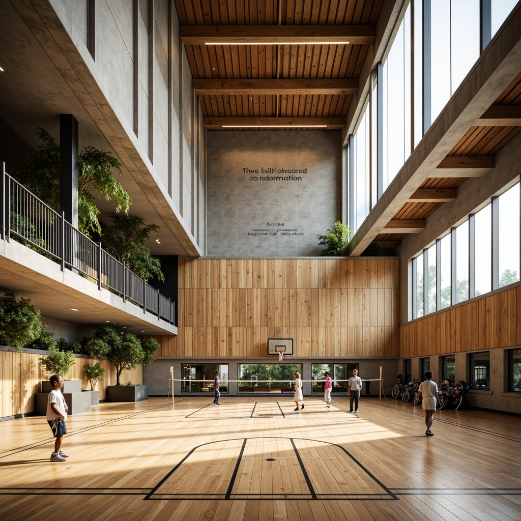 Prompt: Modern gymnasium building, eco-friendly materials, reclaimed wood flooring, bamboo walls, recycled metal beams, low-carbon concrete, green roofs, solar panels, natural ventilation systems, clerestory windows, abundant daylight, soft warm lighting, 3/4 composition, shallow depth of field, realistic textures, ambient occlusion, athletic equipment, basketball hoops, volleyball nets, exercise machines, mirrored walls, motivational quotes, inspirational posters, calm color scheme, earthy tones, wooden accents.