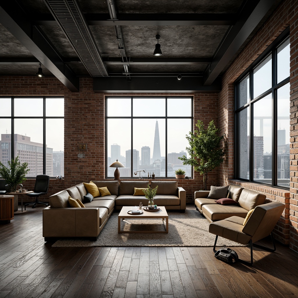 Prompt: Industrial-chic loft, exposed brick walls, metal beams, reclaimed wood floors, urban cityscape views, modern minimalist decor, monochromatic color scheme, rich charcoal grays, warm beige tones, deep blues, vibrant yellow accents, natural textures, softbox lighting, atmospheric shadows, 3/4 composition, cinematic mood, realistic render.