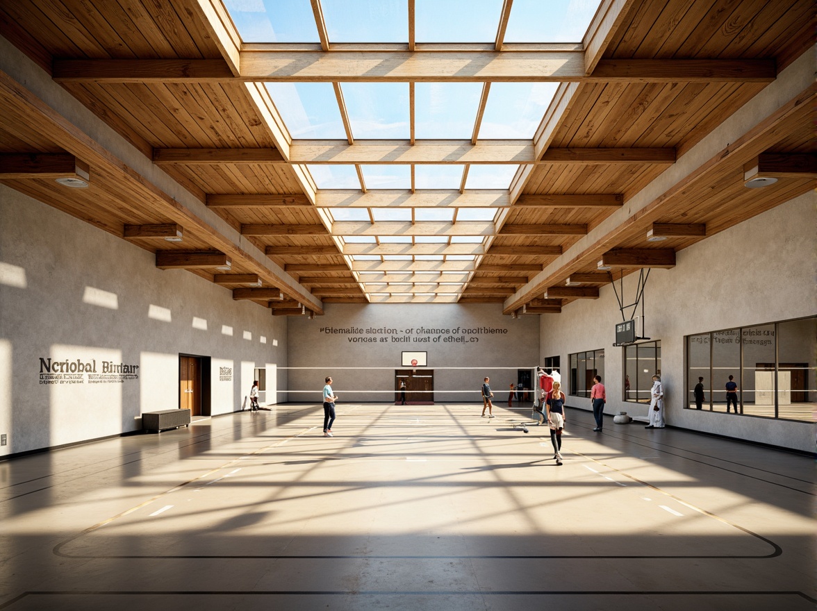 Prompt: Modern gymnasium interior, high ceilings, natural ventilation, clerestory windows, solar tubes, energy-efficient LED lighting, recycled rubber flooring, eco-friendly paint, sustainable materials, minimalist design, open spaces, athletic equipment, basketball courts, volleyball nets, exercise machines, mirrored walls, motivational quotes, bright color schemes, soft warm lighting, shallow depth of field, 3/4 composition, panoramic view, realistic textures, ambient occlusion.