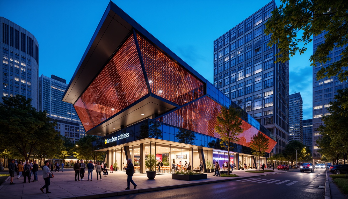 Prompt: Futuristic fitness club exterior, dynamic LED lighting, metallic mesh cladding, iridescent glass panels, parametric architecture, sleek angular lines, high-gloss finishes, neon-lit signage, urban cityscape, bustling streets, modern skyscrapers, vibrant nightlife, 1/1 composition, shallow depth of field, softbox lighting, realistic reflections, ambient occlusion.