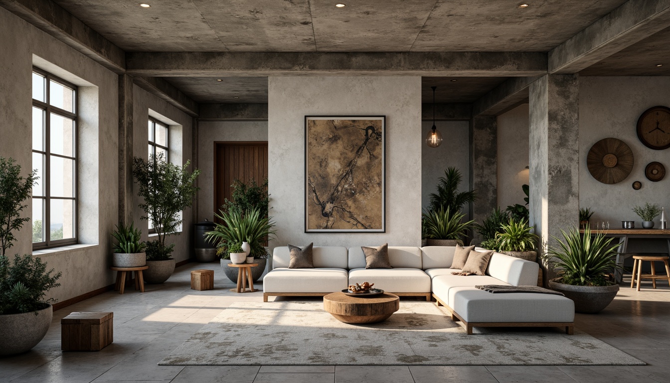 Prompt: Exposed concrete walls, rugged stone floors, industrial metal beams, brutalist architecture, raw unfinished textures, earthy tone color palette, muted greenery, weathered wood accents, functional minimalist decor, utilitarian furniture, cold harsh lighting, dramatic shadows, 1/1 composition, high contrast ratio, realistic material rendering, ambient occlusion.