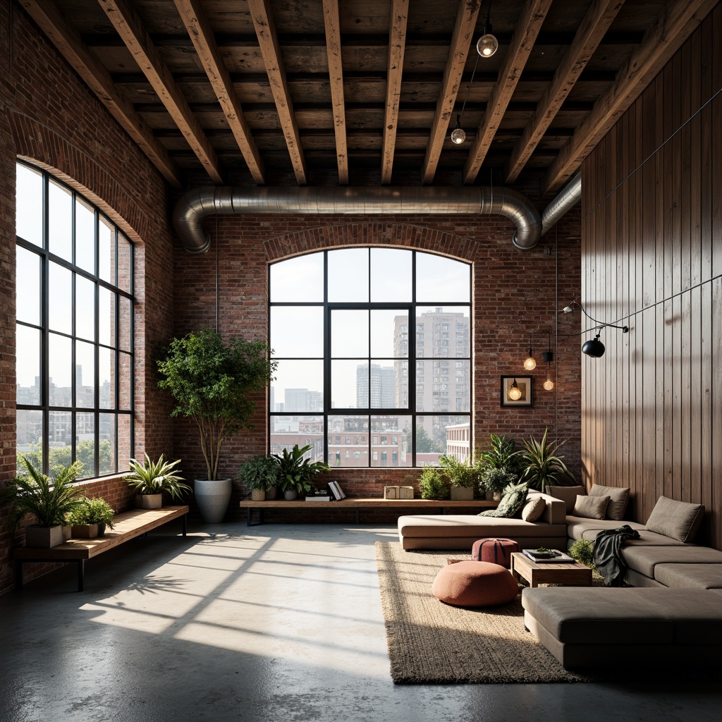 Prompt: Exposed brick walls, metal beams, reclaimed wood accents, industrial-style lighting fixtures, concrete floors, urban cityscape views, converted warehouse spaces, modern minimalist decor, functional pipes and ductwork, distressed textures, neutral color palette, high ceilings, open floor plans, eclectic vintage furniture, Edison bulb pendants, steel windows, brutalist architecture, dramatic shadows, low-key ambient lighting, 1/1 composition, realistic renderings.