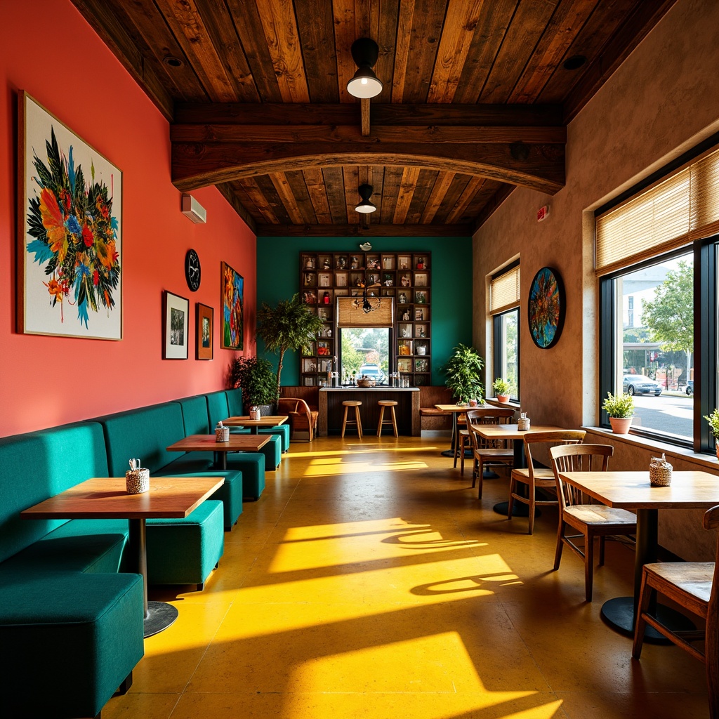 Prompt: Vibrant restaurant interior, expressionist art style, bold color palette, warm golden lighting, rich wood accents, eclectic furniture, abstract artwork, geometric patterns, bright coral walls, deep turquoise ceilings, sunny yellow floors, distressed metal decorations, reclaimed wood textures, industrial chic atmosphere, dramatic shadows, high contrast ratio, 1/2 composition, cinematic lighting, realistic reflections.