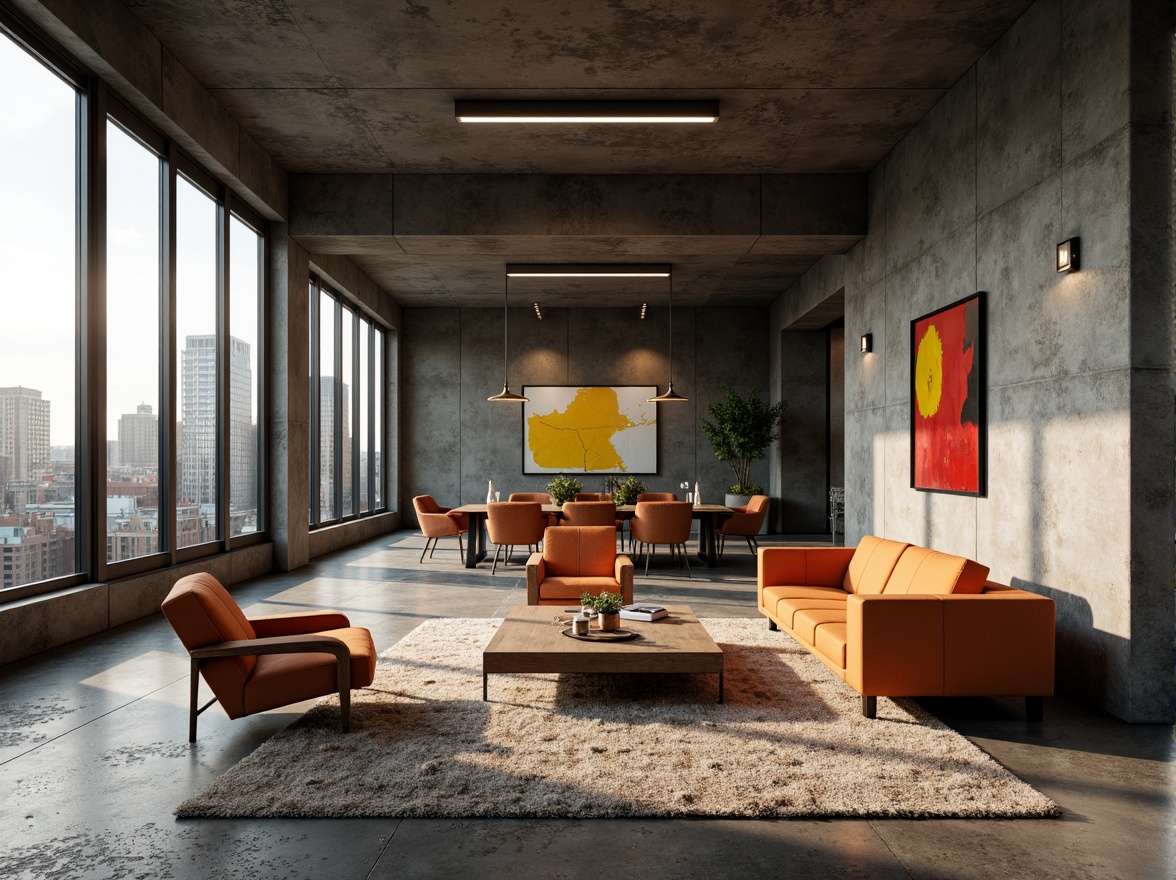 Prompt: Exposed concrete walls, industrial metal beams, rough stone floors, distressed wood accents, urban cityscape views, modern minimalist furniture, bold color blocking, deep charcoal grey, rich earthy brown, vibrant pops of orange, yellow, and red, raw unfinished textures, dramatic high ceilings, functional industrial lighting, moody atmospheric shadows, cinematic wide-angle shots, 1/1 composition, low-key lighting, gritty realistic renderings.