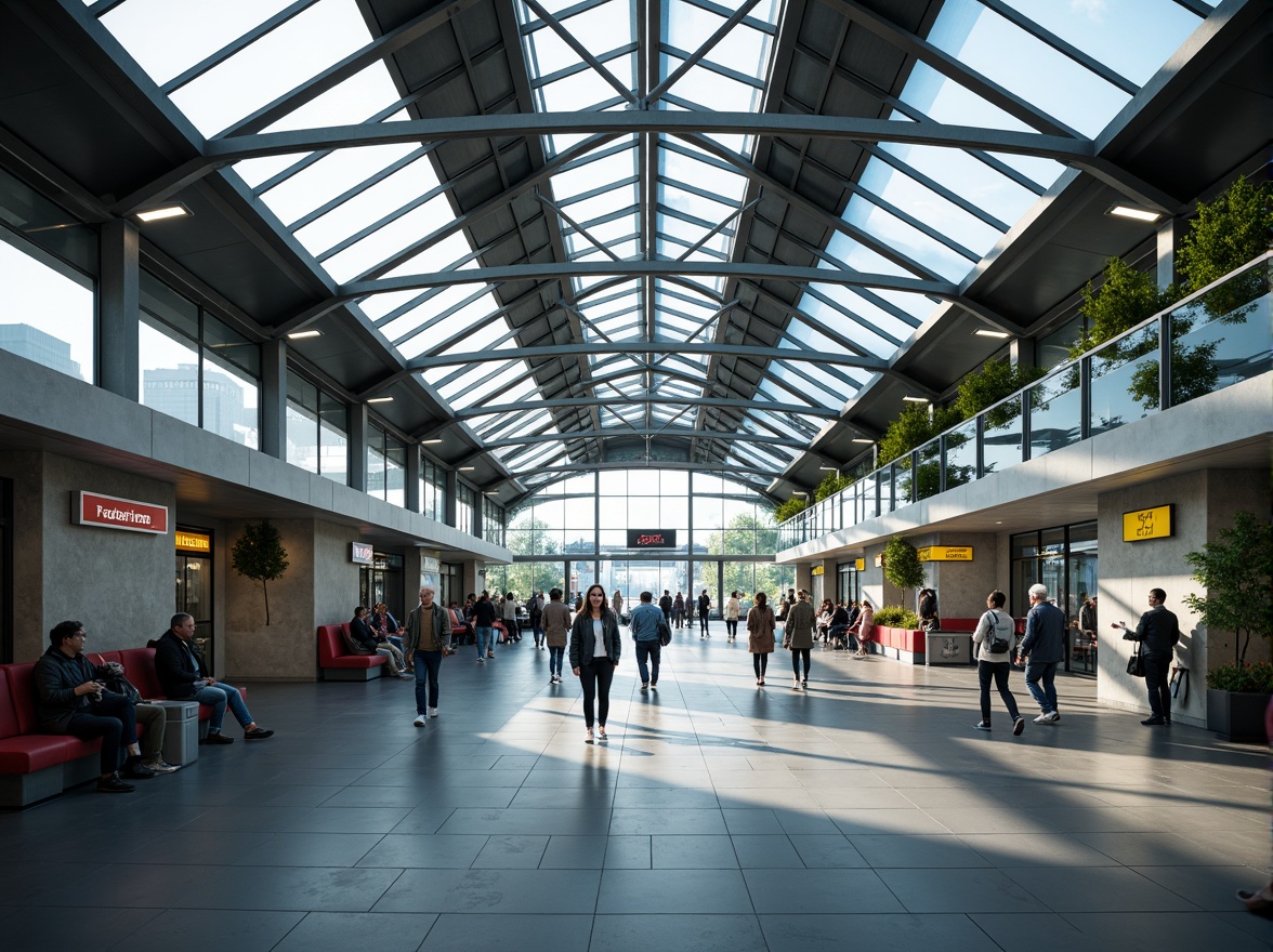 Prompt: Modern bus station interior, sleek metal framework, glass roofs, natural light pouring in, efficient passenger flow, clear signage, digital displays, comfortable seating areas, ample legroom, charging stations, minimalist decor, industrial-style flooring, urban atmosphere, busy morning commute, soft overhead lighting, shallow depth of field, 1/1 composition, realistic textures, ambient occlusion.