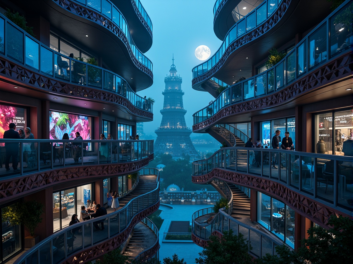 Prompt: Twisting spiral staircase, undulating balconies, flowing curves, futuristic watching tower, sleek metallic surfaces, iridescent glass fa\u00e7ades, shimmering LED lights, misty atmospheric effects, eerie moonlit nights, dramatic shadows, cinematic composition, 1/2 camera angle, shallow depth of field, vibrant neon colors, glowing accents, intricate latticework patterns, ornate metal details, luxurious velvet textures.