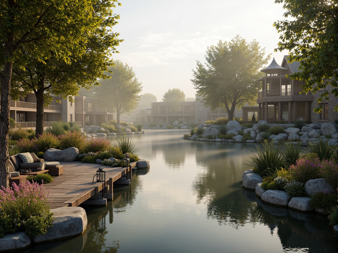 Prompt: Soft misty lake, serene water reflections, lush greenery, vibrant flowers, rustic wooden docks, weathered stone walls, charming gazebos, ornate metal railings, whimsical lanterns, warm golden lighting, shallow depth of field, 3/4 composition, panoramic view, realistic textures, ambient occlusion, earthy tone color palette, moss-covered stones, driftwood accents, soft blue-grey hues, creamy whites, warm beige tones, natural stone pathways, meandering boardwalks, tranquil atmosphere.