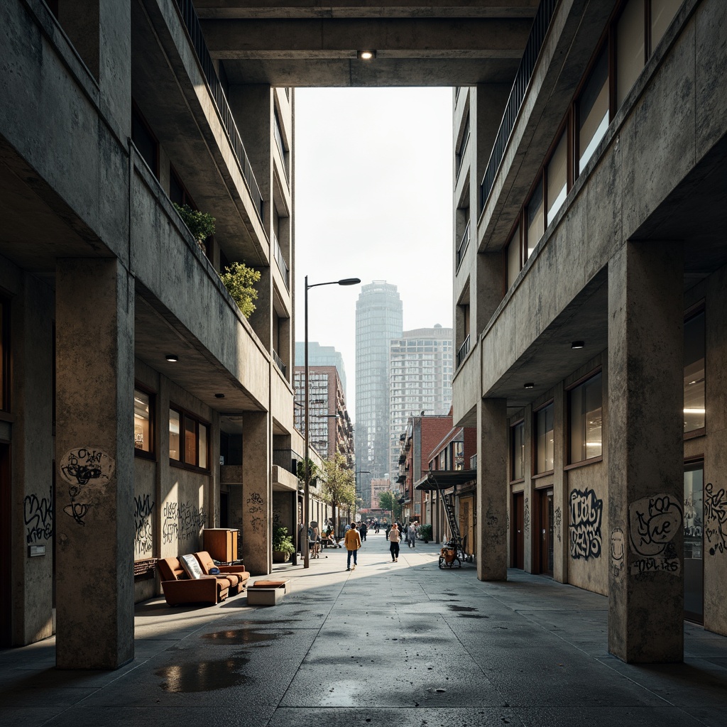 Prompt: Rugged concrete buildings, brutalist architecture, urban integration, industrial-style school design, exposed ductwork, raw metal beams, minimalist interior, functional layout, natural light pouring in, urban landscape views, cityscape backdrop, busy streets, modern streetlights, graffiti-covered walls, distressed textures, high-contrast lighting, dramatic shadows, 1/1 composition, symmetrical framing, gritty realistic render.