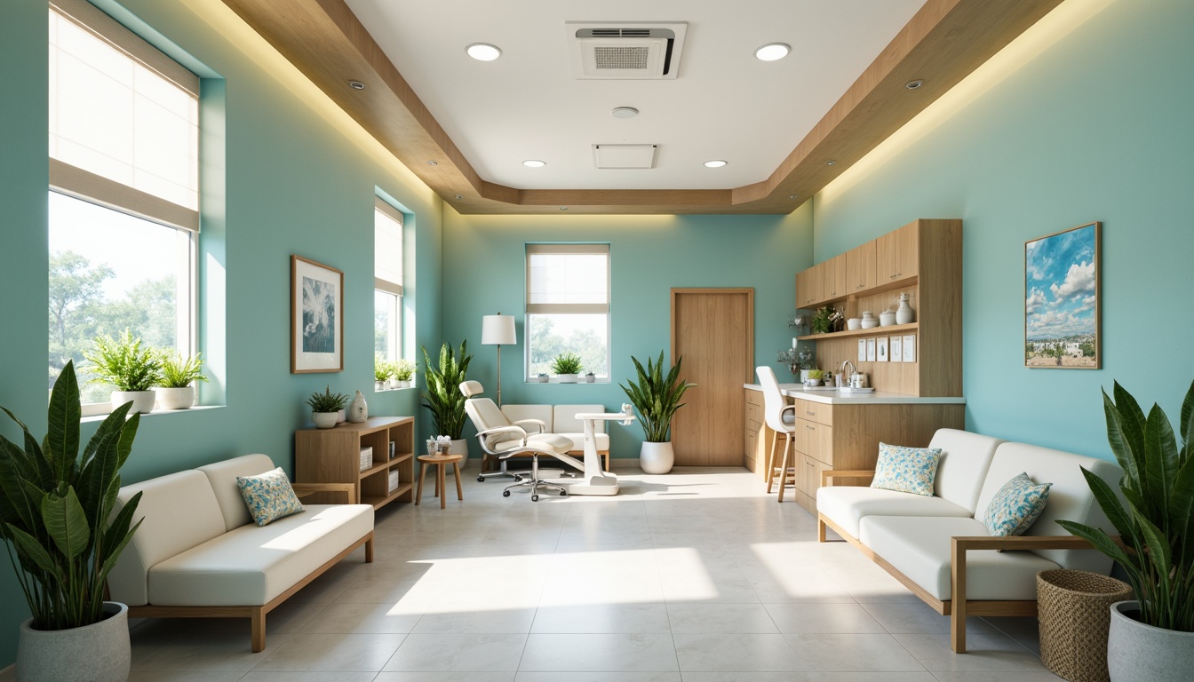 Prompt: Calming dental clinic, soothing blue-green color scheme, creamy whites, warm beige tones, natural wood accents, gentle curves, minimalist decor, modern medical equipment, sleek stainless steel surfaces, comfortable waiting area, lush green plants, soft overhead lighting, shallow depth of field, 1/1 composition, realistic textures, ambient occlusion.