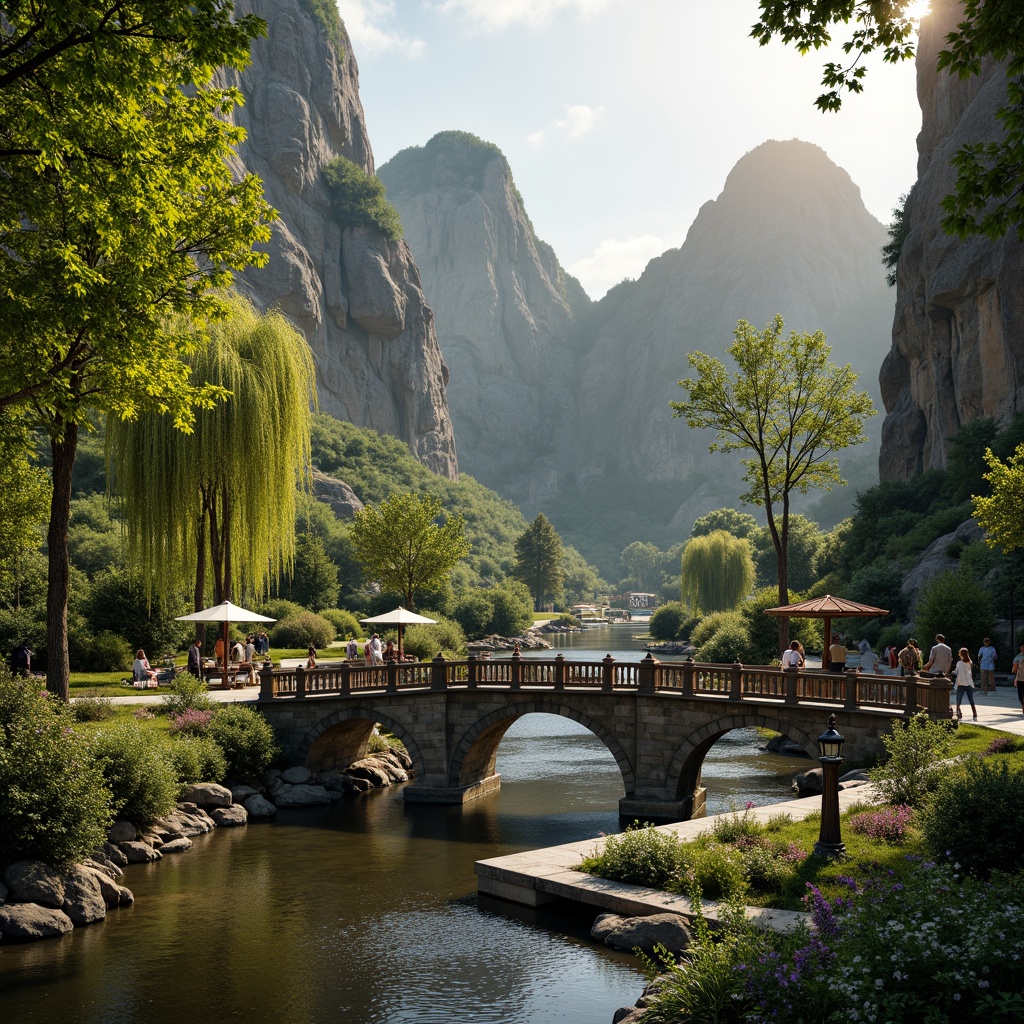 Prompt: Rustic stone bridges, ornate balustrades, lush greenery, vibrant flowers, meandering waterways, serene lakes, majestic willow trees, natural rock formations, weathered wooden docks, charming pedestrian paths, soft warm lighting, shallow depth of field, 3/4 composition, panoramic view, realistic textures, ambient occlusion, tranquil atmosphere, gentle water ripples, subtle mist effects.