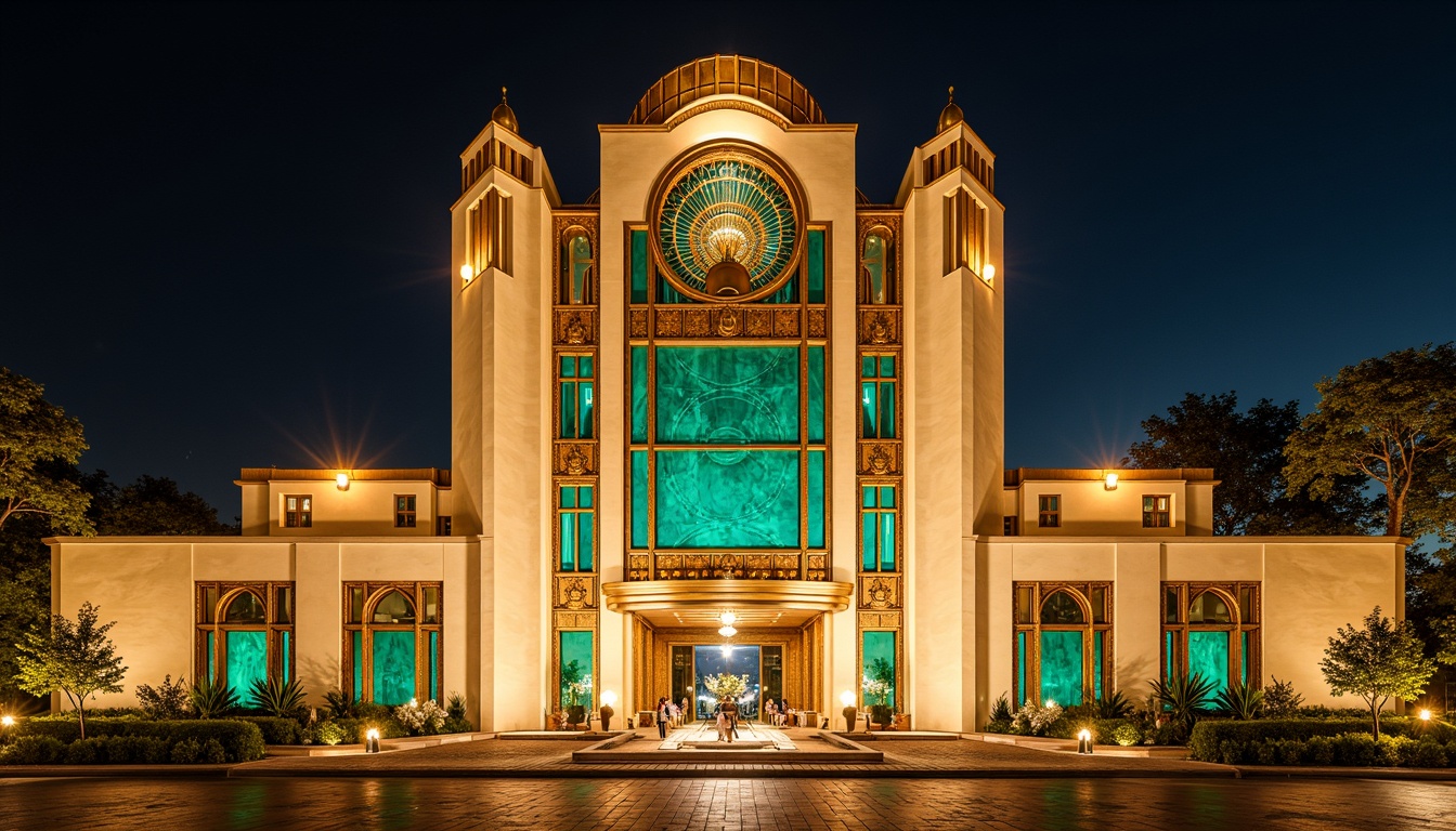 Prompt: Opulent Art Deco monument, lavish gold accents, rich bronze tones, luxurious marble surfaces, vibrant turquoise mosaics, bold geometric patterns, ornate metalwork details, sunburst motifs, stylized floral designs, metallic silver highlights, creamy ivory hues, warm beige stone textures, dramatic nighttime illumination, soft golden lighting, shallow depth of field, 1/1 composition, symmetrical framing, high-contrast rendering.