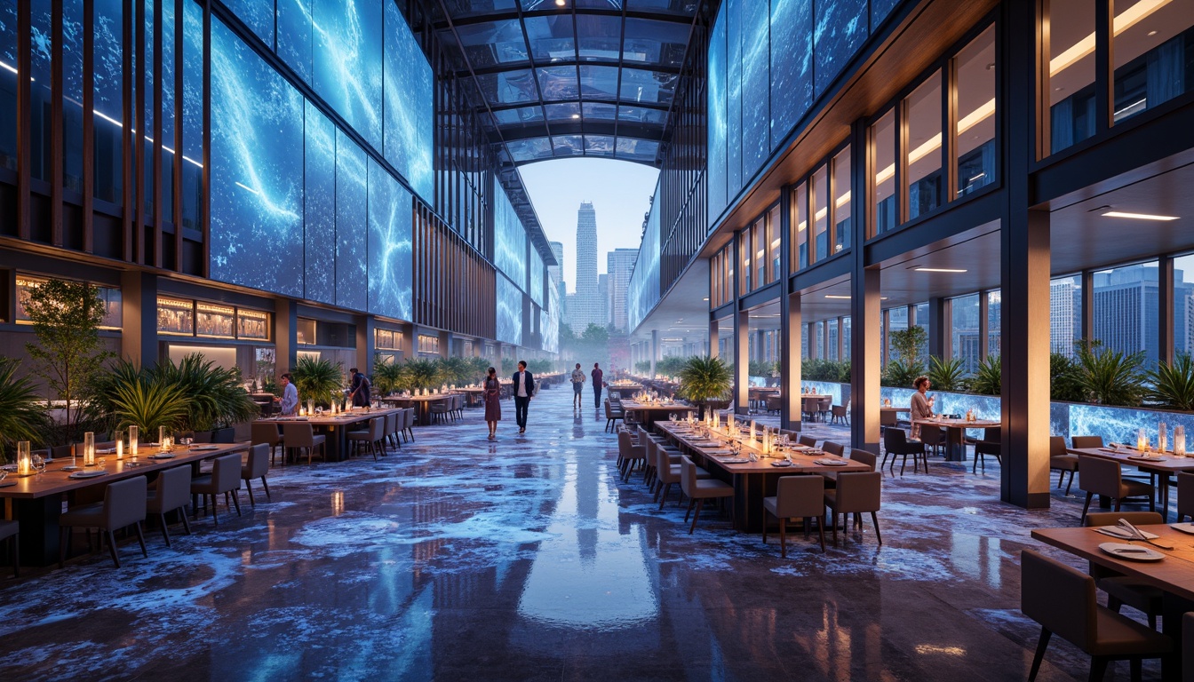 Prompt: Futuristic dining hall, sleek metallic columns, curved glass roofs, minimalist chandeliers, holographic projections, neon-lit tables, levitating chairs, iridescent flooring, ambient LED lighting, 3D-printed decorative screens, parametric architecture, cantilevered balconies, panoramic city views, misty atmospheric effects, shallow depth of field, 1/2 composition, cinematic camera angles, photorealistic rendering.