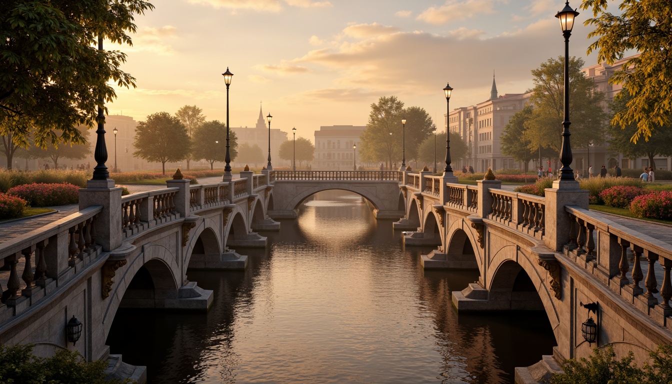 Prompt: Ornate bridge balustrades, grandiose arches, intricate stone carvings, ornamental lamp posts, majestic river views, dramatic sunset lighting, warm golden stone textures, elegant curved lines, lavish decorations, gilded accents, Rococo-inspired ornaments, flowing water patterns, lush greenery, vibrant flower arrangements, soft misty atmosphere, shallow depth of field, 1/2 composition, symmetrical framing, realistic reflections.