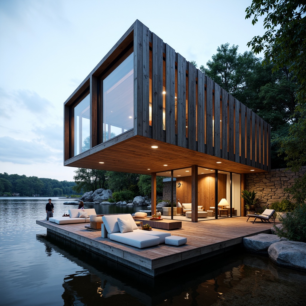 Prompt: Waterfront boathouse, rustic wooden dock, serene lake views, modern fenestration design, floor-to-ceiling windows, sliding glass doors, minimalist metal frames, reflective water-inspired fa\u00e7ade, natural stone walls, reclaimed wood accents, nautical-themed decor, cozy interior spaces, warm ambient lighting, shallow depth of field, 1/1 composition, realistic textures, soft focus effect.