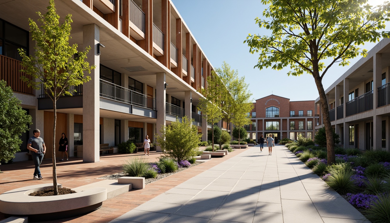 Prompt: Urban school building, modern architecture, exposed concrete walls, polished wooden floors, metallic railings, vibrant greenery, educational signage, natural stone walkways, brick facades, large windows, glass doors, blooming trees, sunny day, soft warm lighting, shallow depth of field, 3/4 composition, panoramic view, realistic textures, ambient occlusion, rough concrete surfaces, smooth wooden benches, cool gray tones, industrial-style lighting fixtures.