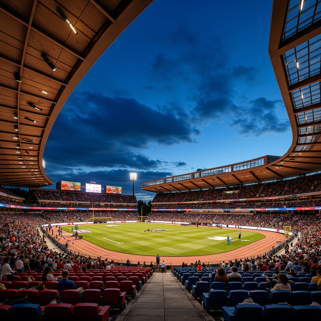 Prompt: Vibrant stadium architecture, bold team color accents, dynamic LED lighting, sleek modern curves, polished metal surfaces, energetic crowd atmosphere, lush green grass fields, athletic track lanes, scoreboard displays, grandstand seating areas, VIP luxury suites, natural stone fa\u00e7ades, cantilevered roofs, dramatic nighttime illumination, warm golden floodlights, 1/2 composition, low-angle shot, realistic reflections, ambient occlusion.