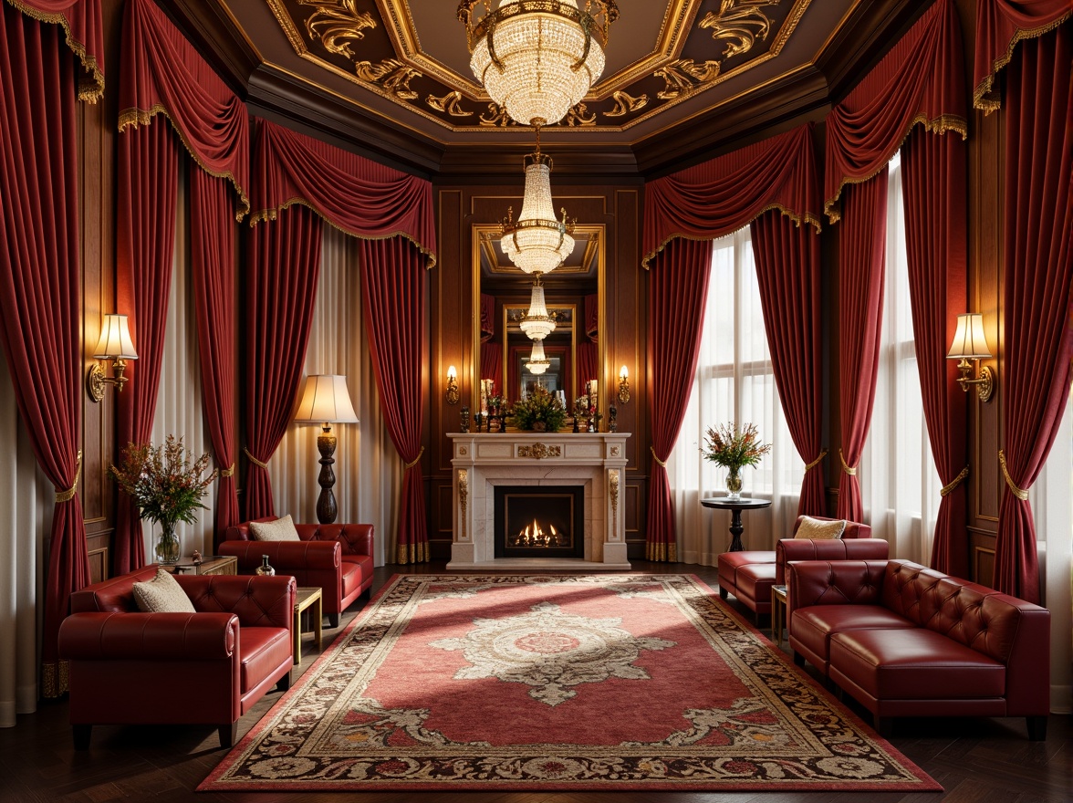 Prompt: Rich velvet drapes, ornate gold frames, luxurious crystal chandeliers, intricate wooden carvings, lavish marble countertops, opulent bronze fixtures, regal red leather upholstery, sumptuous patterned rugs, grandiose mirrors, dramatic coved ceilings, warm golden lighting, 1/1 composition, shallow depth of field, realistic textures, ambient occlusion.