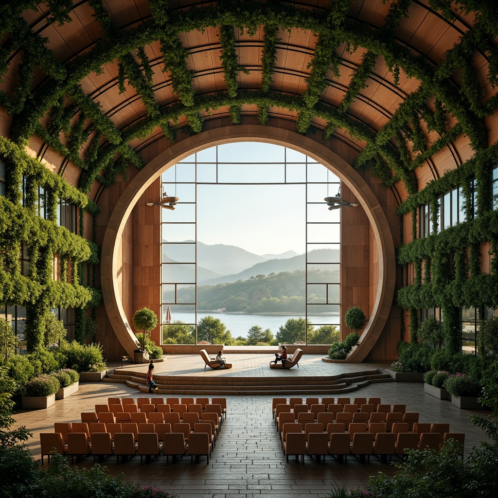 Prompt: Grand auditorium, sweeping curves, lush green walls, natural stone flooring, wooden accents, floor-to-ceiling windows, panoramic views, rolling hills, serene lakeside, misty morning, soft warm lighting, shallow depth of field, 3/4 composition, realistic textures, ambient occlusion, integrated landscape design, organic architecture, harmonious coexistence, nature-inspired patterns, vibrant colorful textiles, intricate geometric motifs.