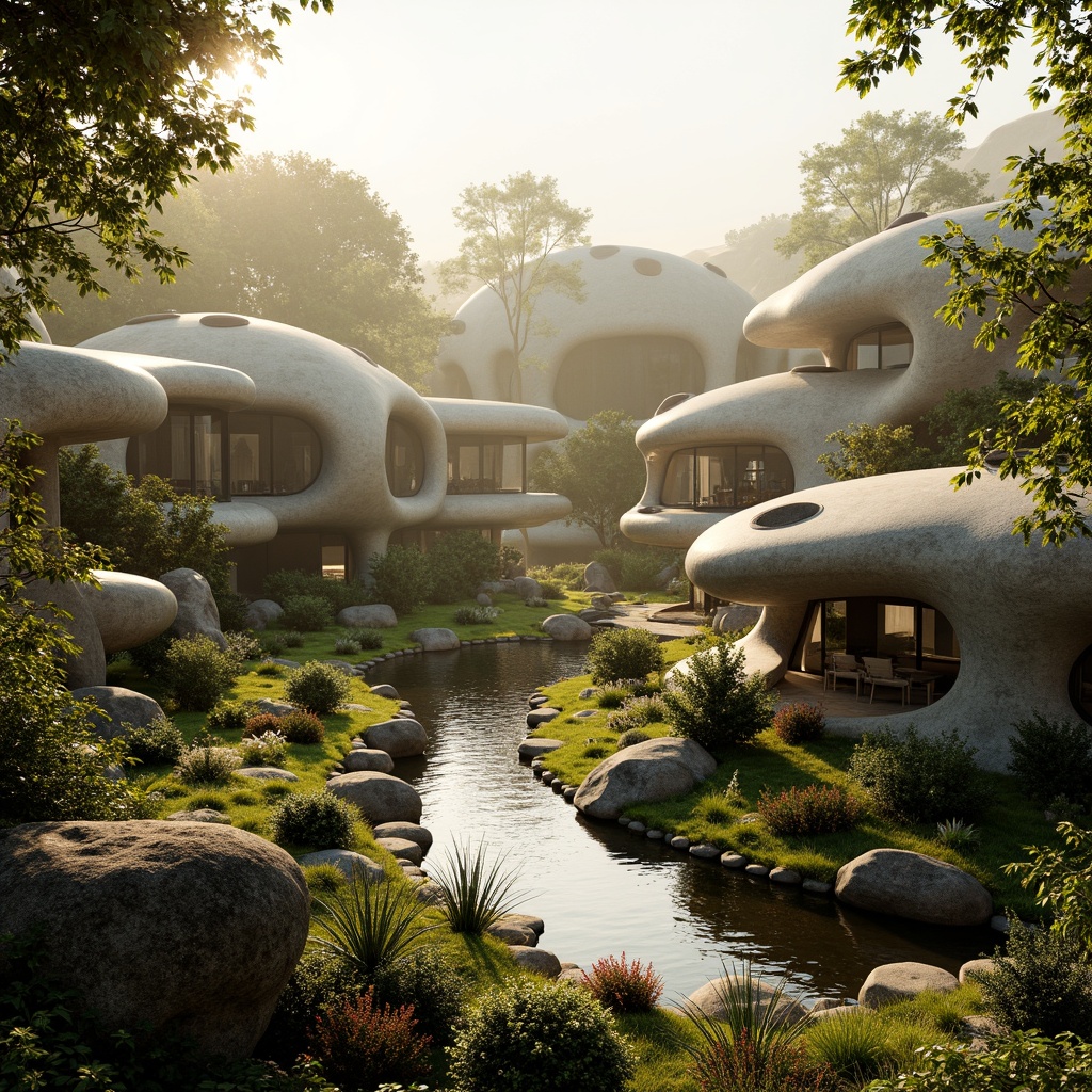 Prompt: Organic blob-shaped buildings, curved lines, soft rounded edges, natural stone foundations, lush green roofs, vibrant flower arrangements, serene water features, misty atmosphere, warm golden lighting, shallow depth of field, 1/1 composition, realistic textures, ambient occlusion, harmonious color palette, earthy tones, sustainable materials, eco-friendly design, futuristic yet organic architecture, peaceful surroundings, secluded areas, winding paths, natural scenery integration.