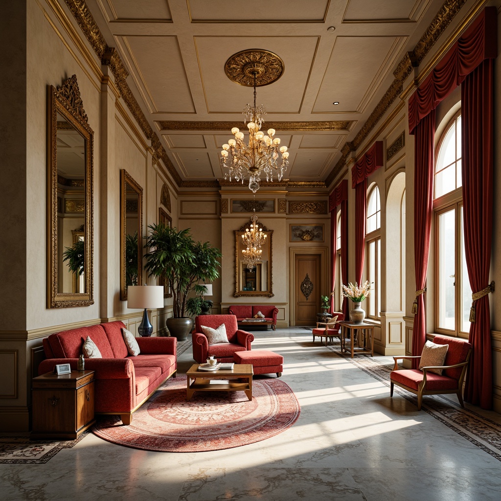 Prompt: Elegant interior spaces, classicism style, rich wood tones, ornate furnishings, luxurious fabrics, velvet drapes, golden accents, crystal chandeliers, marble floors, intricate moldings, soft warm lighting, subtle shadows, 1/1 composition, realistic textures, ambient occlusion, warm beige walls, creamy whites, deep blues, emerald greens, rich reds, gilded frames, ornate mirrors, lavish upholstery, sophisticated ambiance.